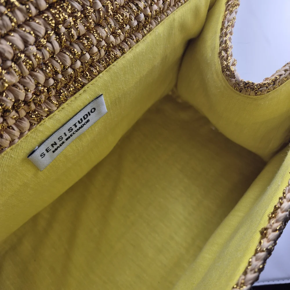 Woven Straw Top-Handle Bag in Gold and Cream